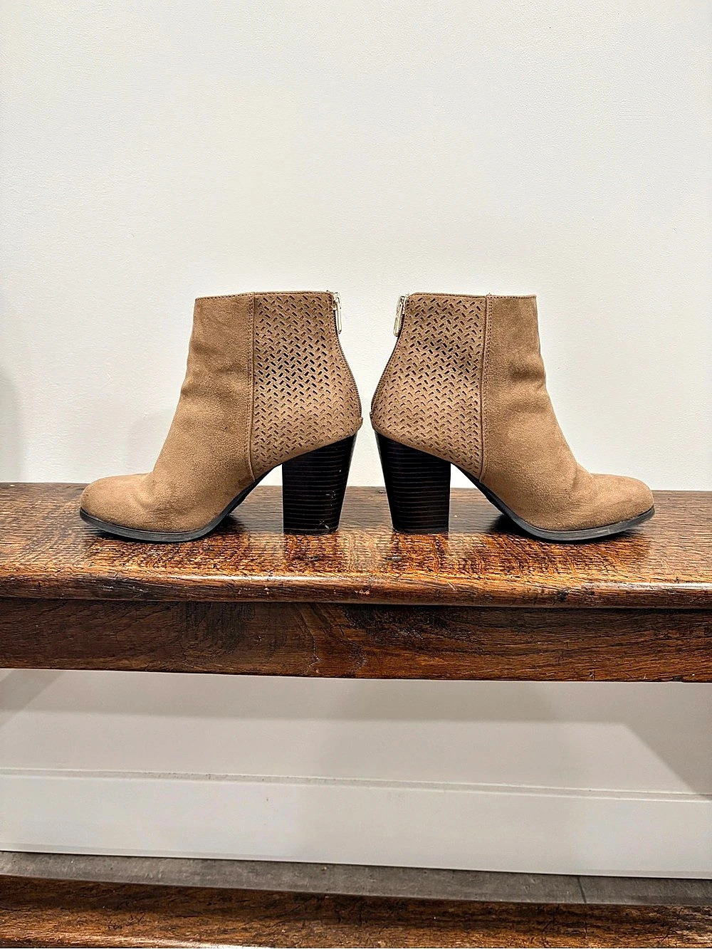 Call It Spring Droedda Perforated Ankle Boots Tan Vegan Suede Boho Heel 7